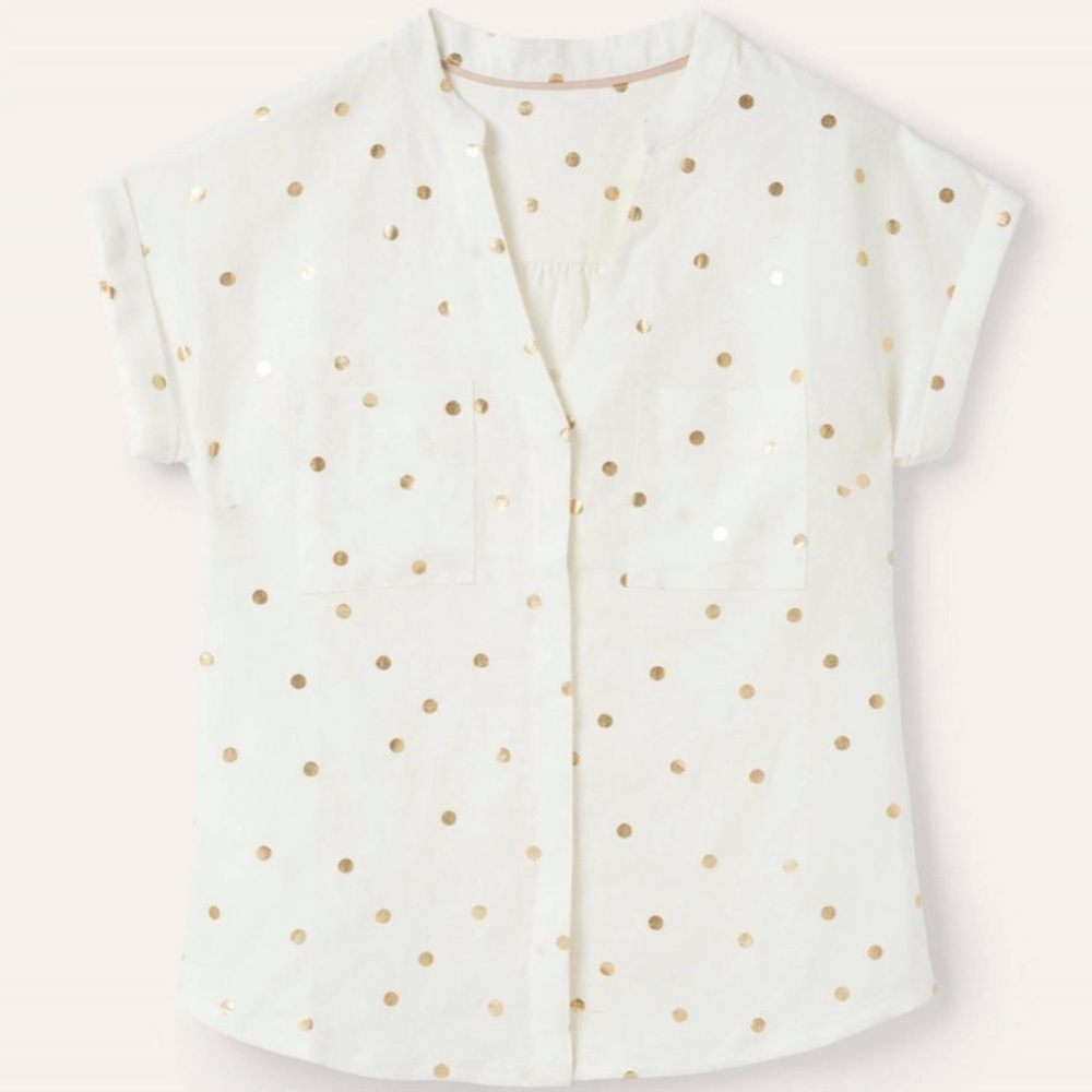 BODEN evie linen polka dot button front shirt white gold plus size 20/22